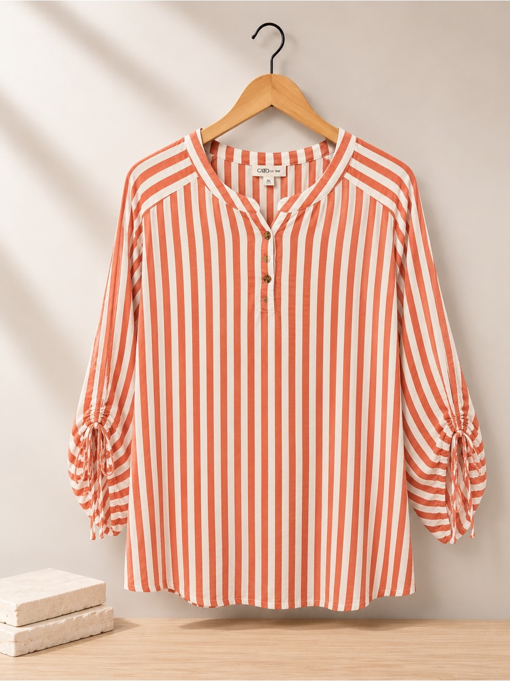 Cato Coral & White Striped Henley Tie-Sleeve Blouse (rack)
